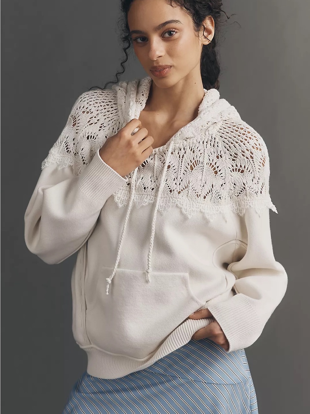 By Anthropologie Lace Trim Hoodie Ivory Cream (size S)